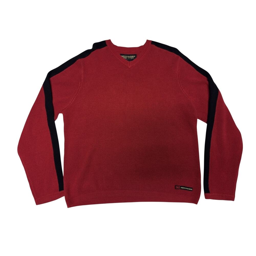 Vintage Abercrombie & Fitch Red Knit Sweater with Navy Stripe Sleeves Size L